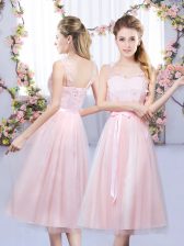 New Style Sleeveless Tulle Tea Length Lace Up Dama Dress for Quinceanera in Baby Pink with Lace and Belt