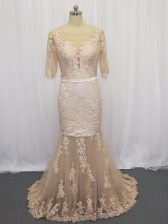  Tulle Half Sleeves Prom Evening Gown Brush Train and Lace and Appliques
