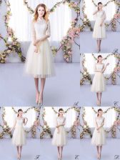 Graceful Empire Quinceanera Dama Dress Champagne High-neck Tulle Half Sleeves Tea Length Lace Up