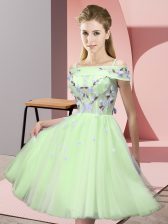 New Arrival Yellow Green Empire Off The Shoulder Short Sleeves Tulle Knee Length Lace Up Appliques Quinceanera Dama Dress