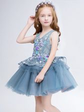  Grey Ball Gowns V-neck Sleeveless Tulle Mini Length Lace Up Lace and Appliques Toddler Flower Girl Dress