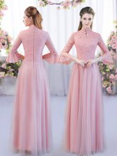 Captivating Pink Tulle Zipper High-neck 3 4 Length Sleeve Floor Length Dama Dress Lace