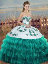  Turquoise Ball Gowns Embroidery and Ruffled Layers and Bowknot Sweet 16 Dresses Lace Up Organza Sleeveless Floor Length