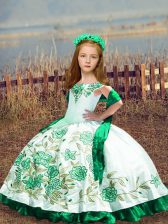  White Satin Lace Up Little Girls Pageant Dress Sleeveless Floor Length Embroidery