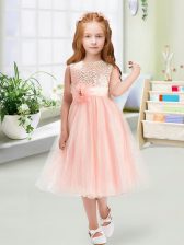 Deluxe Baby Pink Organza Zipper Flower Girl Dress Sleeveless Tea Length Sequins and Hand Made Flower
