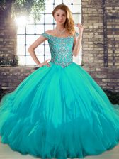 Ideal Tulle Off The Shoulder Sleeveless Lace Up Beading and Ruffles Quinceanera Gowns in Aqua Blue
