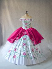Stunning Pink And White Lace Up Off The Shoulder Embroidery and Ruffles Quinceanera Dress Organza Sleeveless