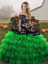 Low Price Green Sleeveless Floor Length Embroidery and Ruffled Layers Lace Up Quinceanera Dresses