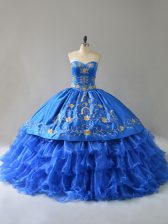 Trendy Royal Blue Satin Lace Up Quinceanera Dress Sleeveless Floor Length Embroidery and Ruffles