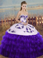  White And Purple Ball Gowns Embroidery and Ruffled Layers and Bowknot 15th Birthday Dress Lace Up Organza Sleeveless Floor Length
