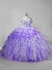 Excellent Lavender Ball Gowns Straps Sleeveless Organza Brush Train Lace Up Beading and Ruffles and Pick Ups 15th Birthday Dress
