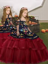  Red Sleeveless Embroidery and Ruffled Layers Floor Length Child Pageant Dress