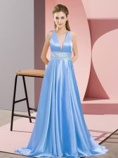 Fitting Sleeveless Elastic Woven Satin Brush Train Backless Prom Party Dress in Baby Blue with Beading