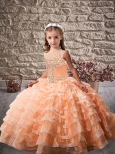 Orange Lace Up Girls Pageant Dresses Beading and Ruffled Layers Sleeveless Brush Train