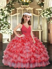 Unique Coral Red Sleeveless Floor Length Ruffles and Ruffled Layers Zipper Girls Pageant Dresses