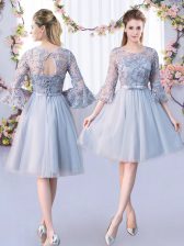 Customized Knee Length Grey Vestidos de Damas Scoop 3 4 Length Sleeve Lace Up