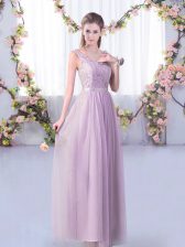 Comfortable Lavender Tulle Side Zipper Dama Dress Sleeveless Floor Length Lace and Belt
