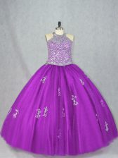 Custom Design Purple Halter Top Neckline Beading and Appliques Quinceanera Gowns Sleeveless Lace Up