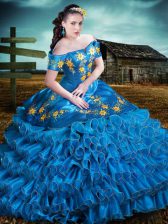 Luxury Floor Length Blue 15th Birthday Dress Organza Sleeveless Embroidery and Ruffles
