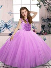 Popular Lilac Sleeveless Tulle Lace Up Little Girl Pageant Gowns for Party and Wedding Party