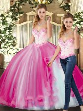 Elegant Fuchsia Sleeveless Floor Length Beading Lace Up Vestidos de Quinceanera