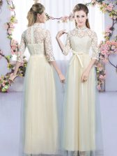 Sumptuous Tulle High-neck Half Sleeves Zipper Lace and Bowknot Quinceanera Dama Dress in Champagne