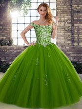 Sexy Olive Green Ball Gowns Beading Ball Gown Prom Dress Lace Up Tulle Sleeveless Floor Length