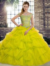 Suitable Off The Shoulder Sleeveless Brush Train Lace Up 15 Quinceanera Dress Yellow Green Tulle