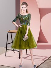  Olive Green Scoop Lace Up Embroidery Vestidos de Damas Half Sleeves