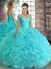 Ideal Aqua Blue Quince Ball Gowns Military Ball and Sweet 16 and Quinceanera with Beading Off The Shoulder Sleeveless Lace Up