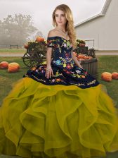 Glittering Floor Length Lace Up Quinceanera Dress Olive Green for Military Ball and Sweet 16 and Quinceanera with Embroidery and Ruffles