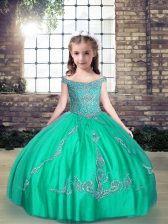Dramatic Turquoise Tulle Lace Up Off The Shoulder Sleeveless Floor Length Little Girls Pageant Dress Wholesale Beading