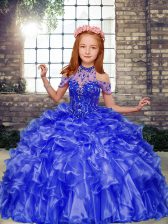 Blue Evening Gowns Party and Military Ball and Wedding Party with Beading and Ruffles Halter Top Sleeveless Lace Up