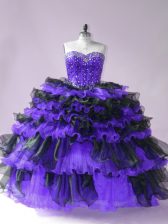 Latest Organza Sweetheart Sleeveless Lace Up Beading and Ruffled Layers Quinceanera Dresses in Black And Purple 