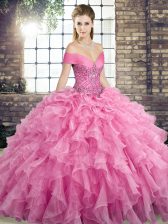 Clearance Sleeveless Brush Train Lace Up Beading and Ruffles Sweet 16 Dress