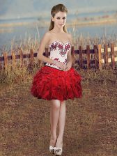 New Arrival Red Sleeveless Mini Length Embroidery and Ruffles Lace Up Dress for Prom