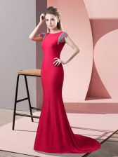 Flare Short Sleeves Brush Train Beading Backless Prom Party Dress