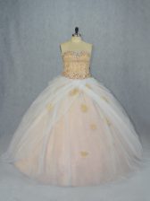 Sweet Champagne Ball Gowns Tulle Sweetheart Sleeveless Beading and Appliques Lace Up Vestidos de Quinceanera