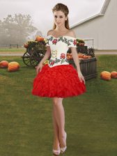  Red Ball Gowns Embroidery and Ruffles Prom Dress Lace Up Organza Sleeveless Mini Length