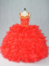  Red Ball Gowns Organza Straps Sleeveless Beading and Ruffles Floor Length Lace Up 15th Birthday Dress