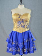  Mini Length Royal Blue Prom Dresses Satin Sleeveless Beading and Embroidery