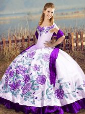  White And Purple Sleeveless Satin Lace Up Quince Ball Gowns for Sweet 16 and Quinceanera