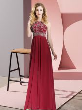 Top Selling Burgundy Chiffon Backless Sleeveless Floor Length Beading