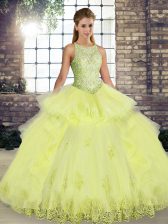Colorful Tulle Scoop Sleeveless Lace Up Lace and Embroidery and Ruffles Sweet 16 Dress in Yellow