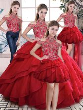 Stunning Floor Length Lace Up Quinceanera Gowns Red for Sweet 16 and Quinceanera with Beading and Ruffles