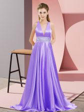 On Sale Lavender Evening Dress Elastic Woven Satin Brush Train Sleeveless Beading