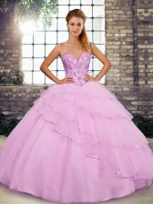  Lilac Tulle Lace Up 15th Birthday Dress Sleeveless Brush Train Beading and Ruffled Layers