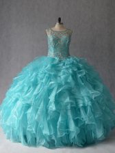  Aqua Blue Scoop Neckline Beading and Ruffles Vestidos de Quinceanera Sleeveless Lace Up