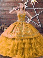 Graceful Sweetheart Sleeveless Sweet 16 Quinceanera Dress Floor Length Embroidery and Ruffled Layers Gold Organza