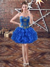 Amazing Sleeveless Mini Length Embroidery and Ruffled Layers Lace Up Prom Gown with Royal Blue